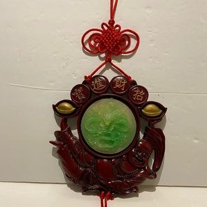 Chinese Red Knot Faux Jade 🐲 carved medallion with Buddha wall hanging